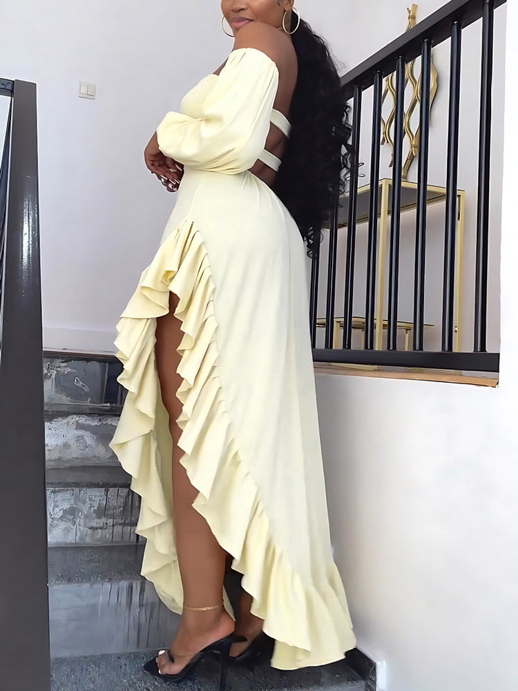 Asymmetrical Ruffle Slit Dress Light Yellow / M