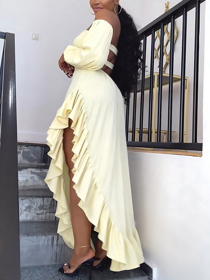 Asymmetrical Ruffle Slit Dress Light Yellow / M