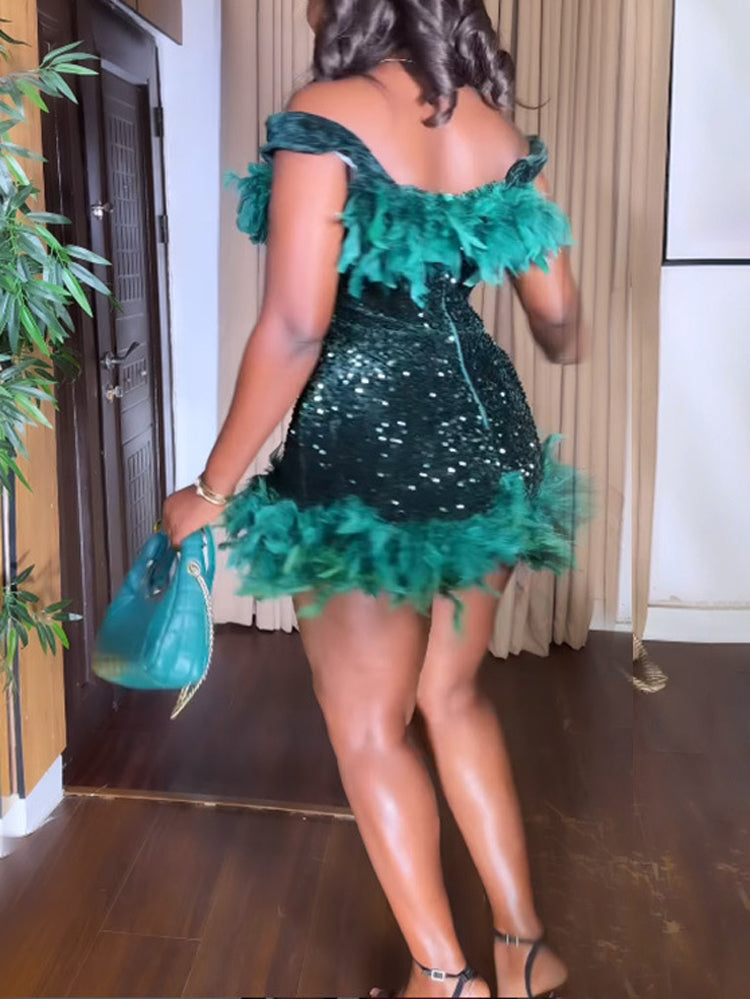 Sequin Feather Party Dress Green / 2XL