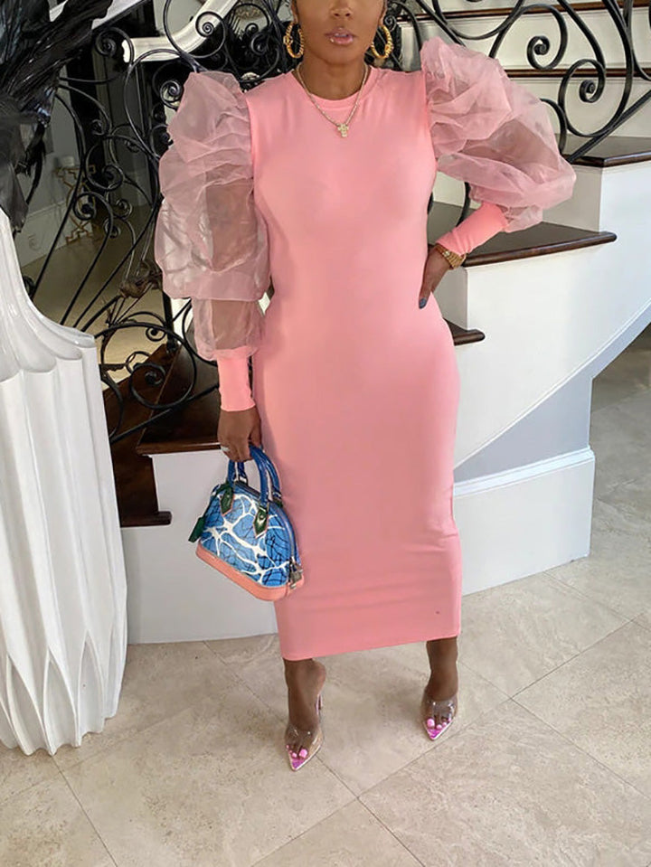 Elegant Puff Sleeve Maxi Dresses Pink / L