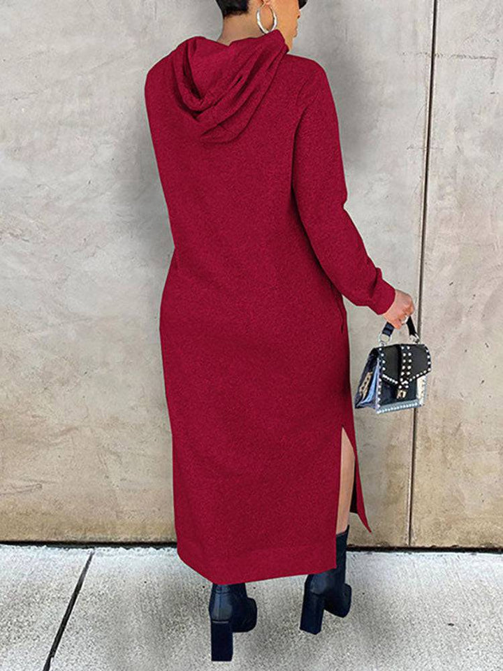 Slant Pockets Drawstring Hoodie Dress Wine Red / XL