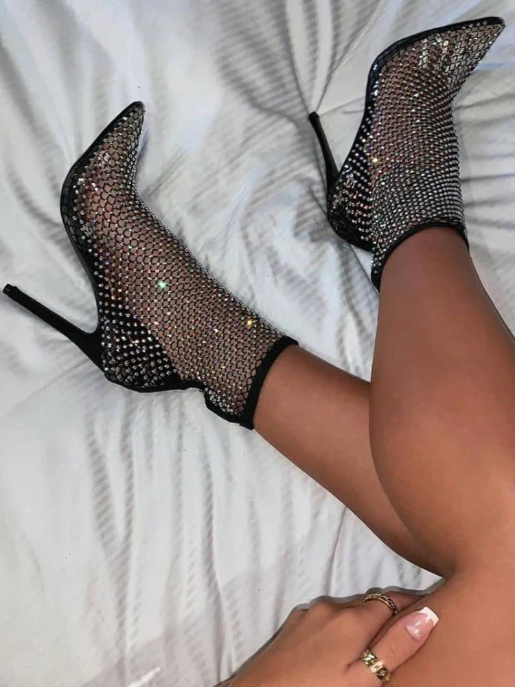 Rhinestone Fishnet Heels Boots