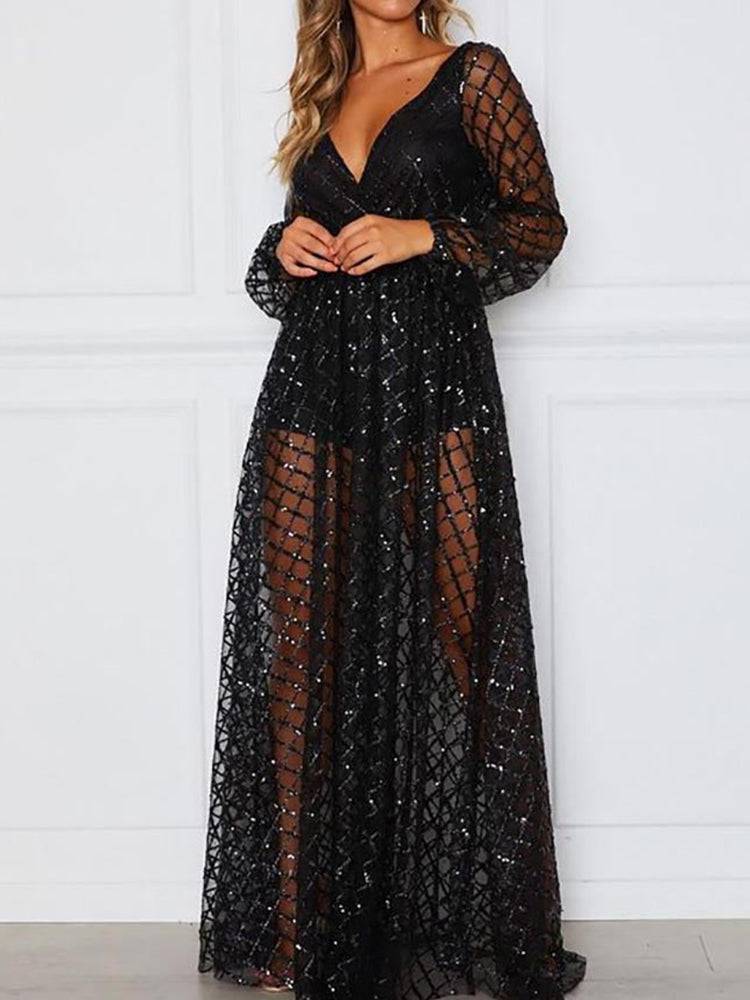 Sequin Mesh V Neck Maxi Dress Black / L