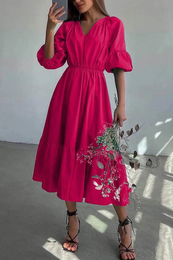 Half Sleeve V Neck High Waist Midi Dress