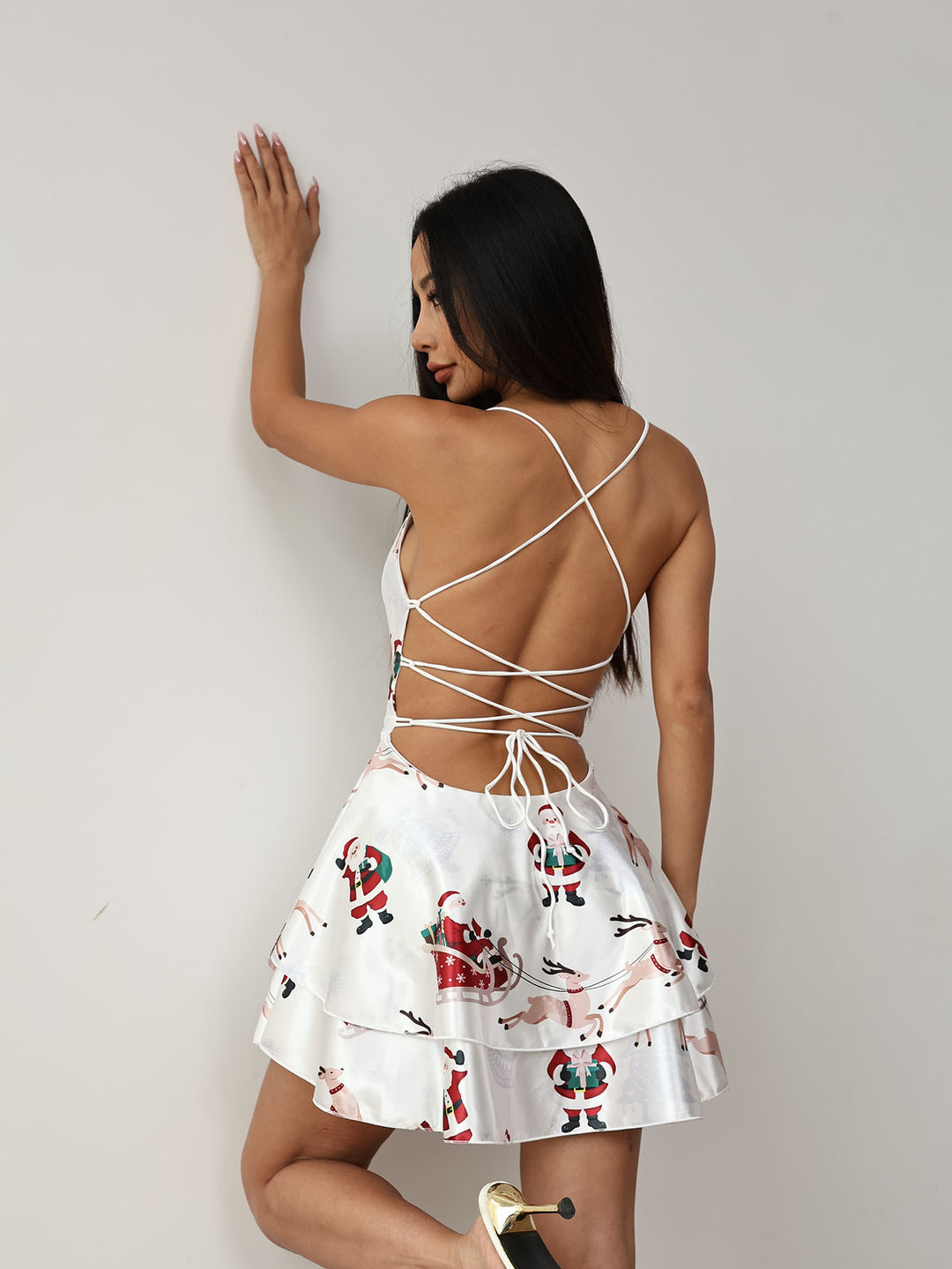 Christmas Drawstring Backless Dress