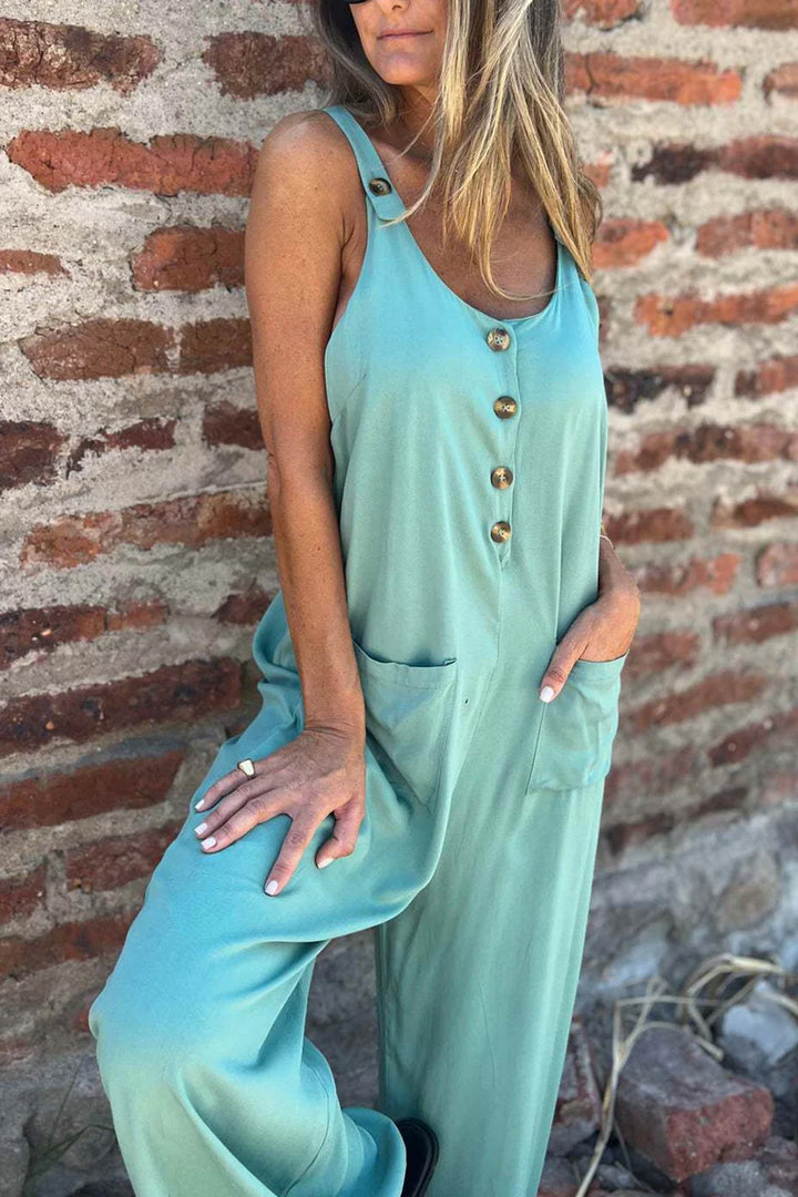 Button Closure Backless Loose Jumpsuit