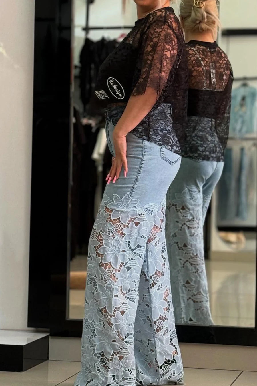 Lace Hollow Out High-rise Jeans