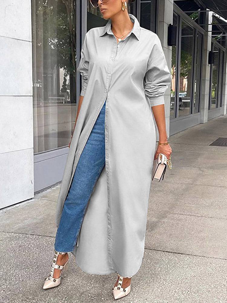 Solid Button Split Shirt Dress White / S