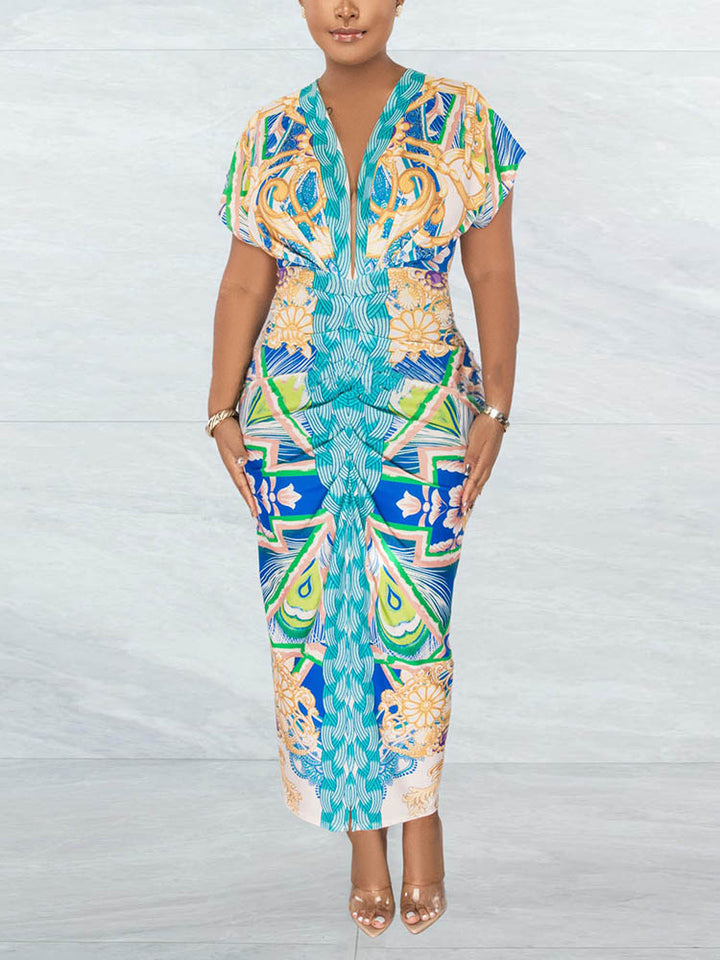 Print Ruched Slit Vacation Dress Cyan / XL