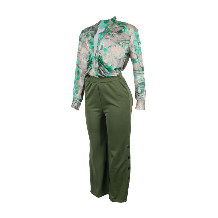 Vintage Printed V-Neck Shirt Wide Leg Pants Set