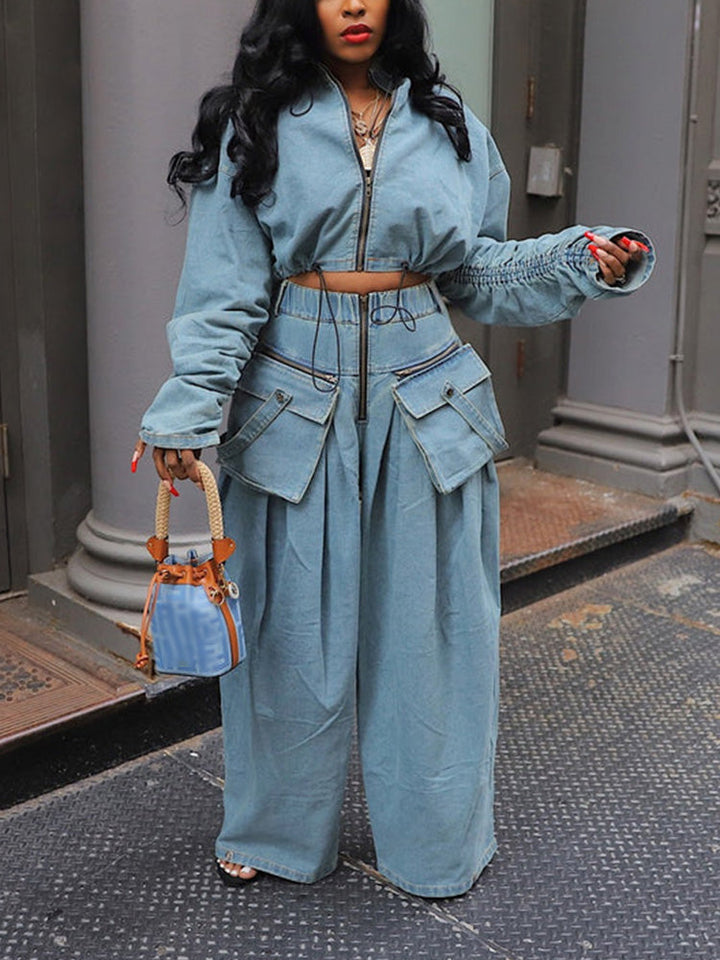 Denim Jacket & Wide Pants Set Blue / L