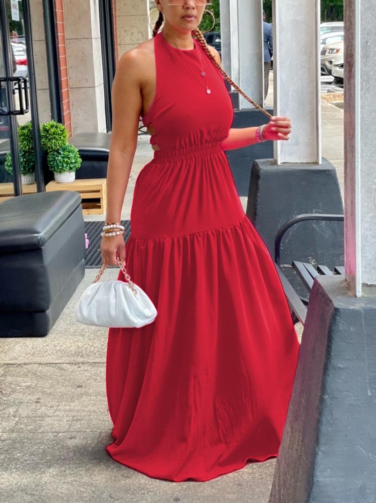 Halter Backless Maxi Dress Red / M
