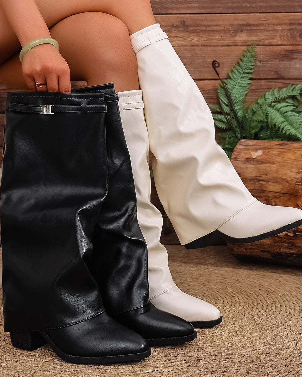 Pointed Toe Pleated Chunky Heel Boots