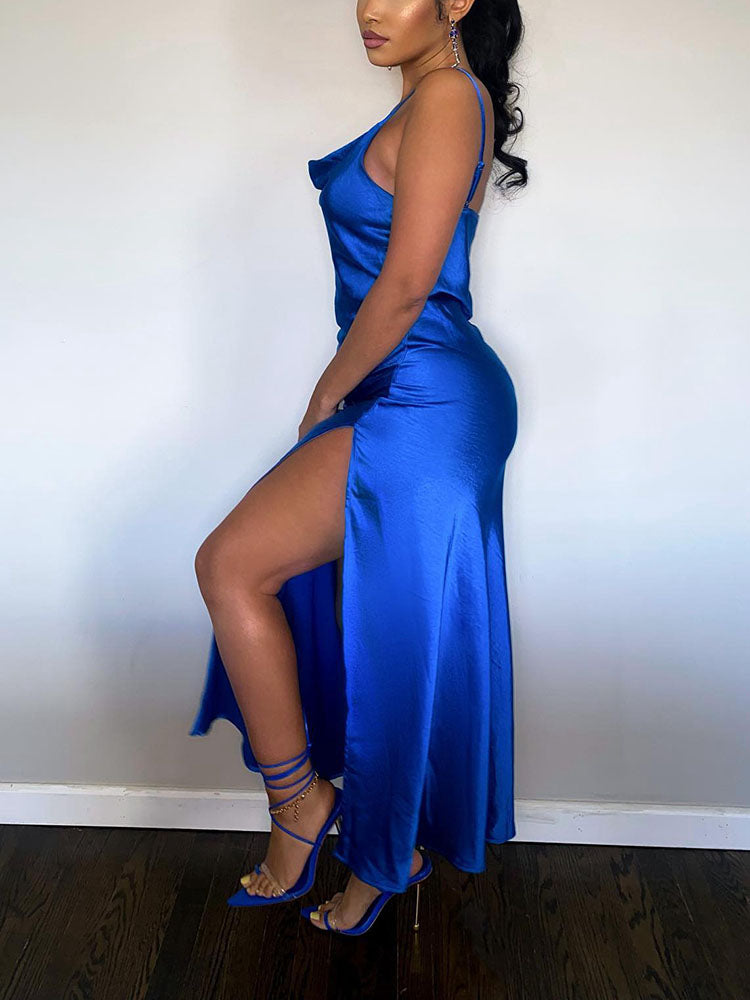Satin High Slit Dress Blue / 2XL