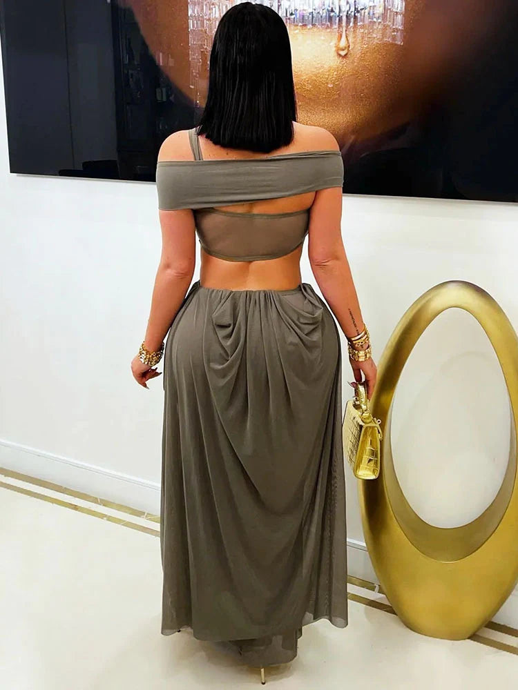 Draped Mesh Maxi Dress