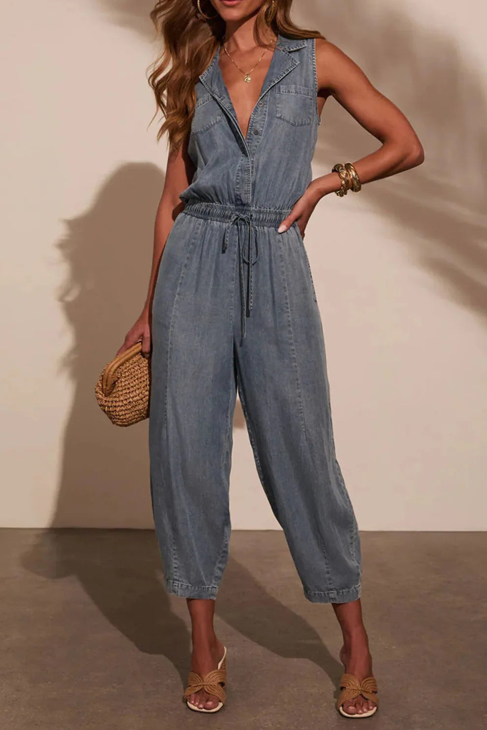Lapel High Rise Sleeveless Denim Jumpsuits
