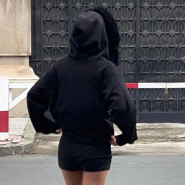 Zipper Split Print Plush Hoodie Black