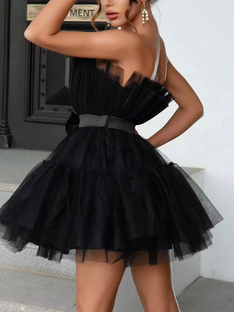 Bow Decor Layered Tulle Cocktail Dress Black / L