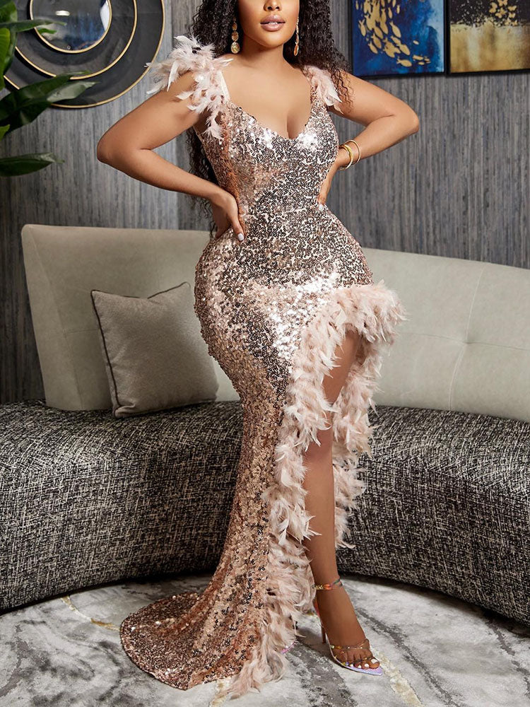Sequin Feather Slit Party Dress Champagne / S