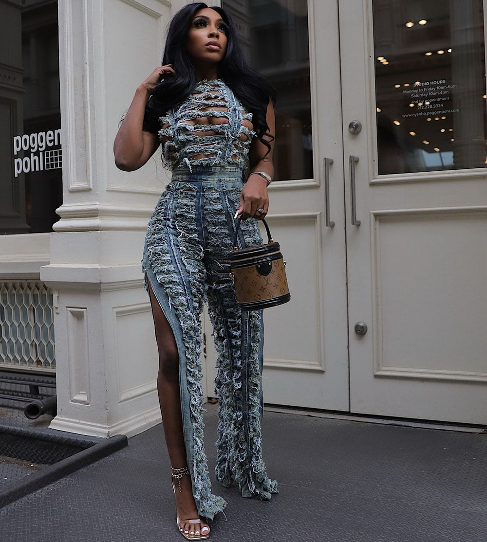 Unique Handcrafted Vest with High-Waisted Split-Front Jeans