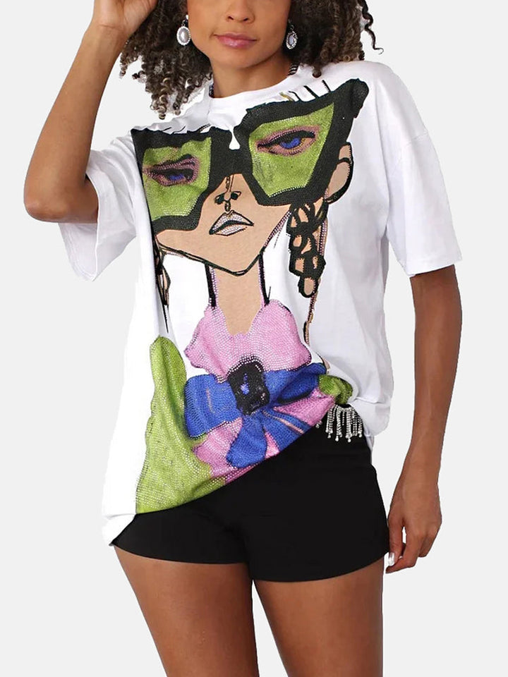 Rhinestones Embellished Casual Tee White / XL