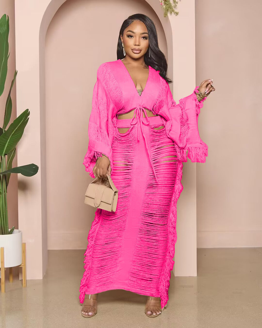 Casual Knit Tie-Front Long-Sleeve Dress Set