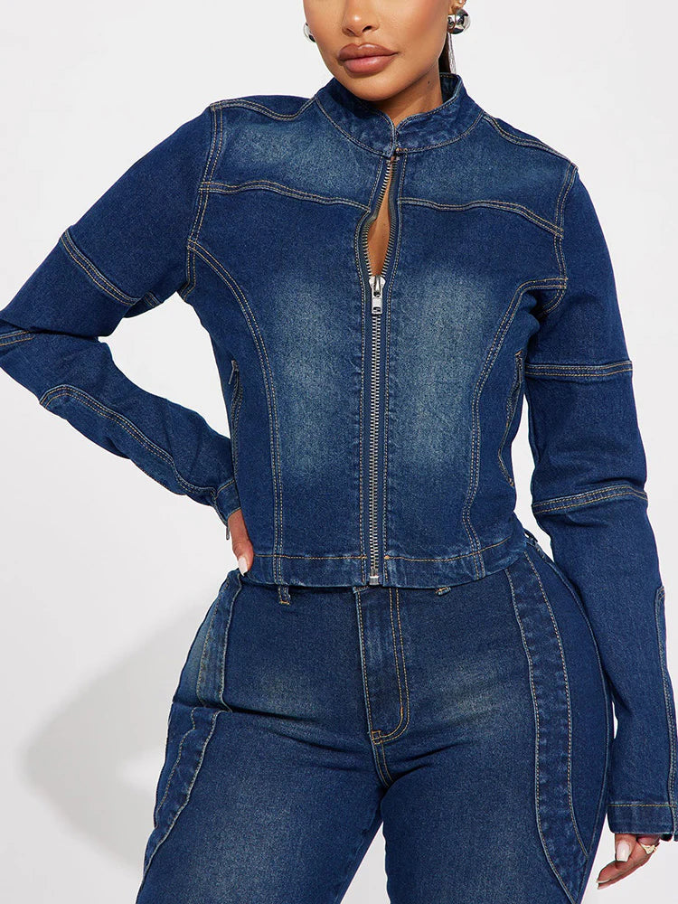 Denim Cropped Jacket And Cutout Jeans Set