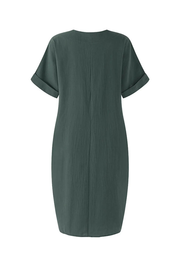 V Neck Short Sleeve Pocketed Cotton Dress