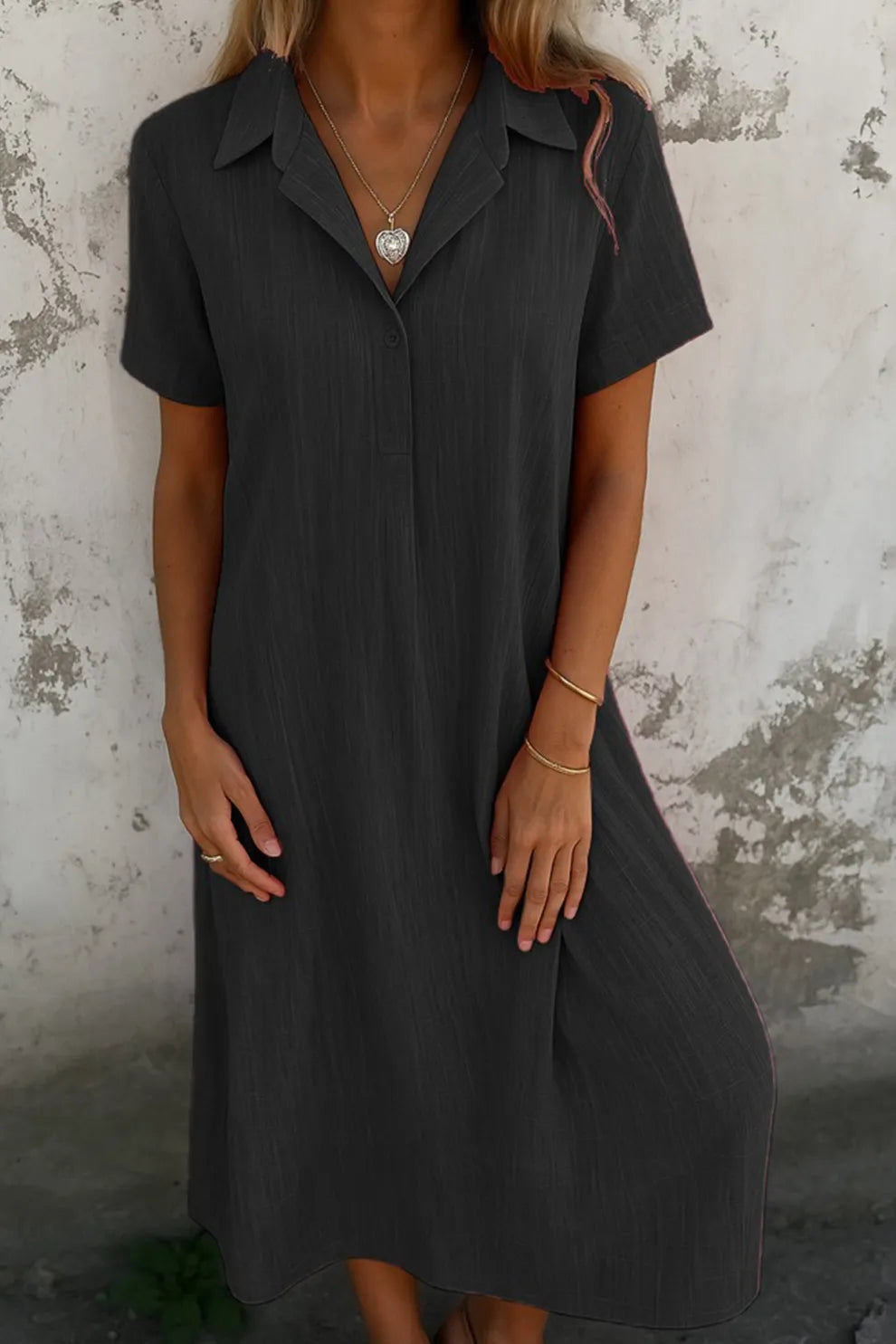 V-Neck Solid Color Short-Sleeve Shirt Dress