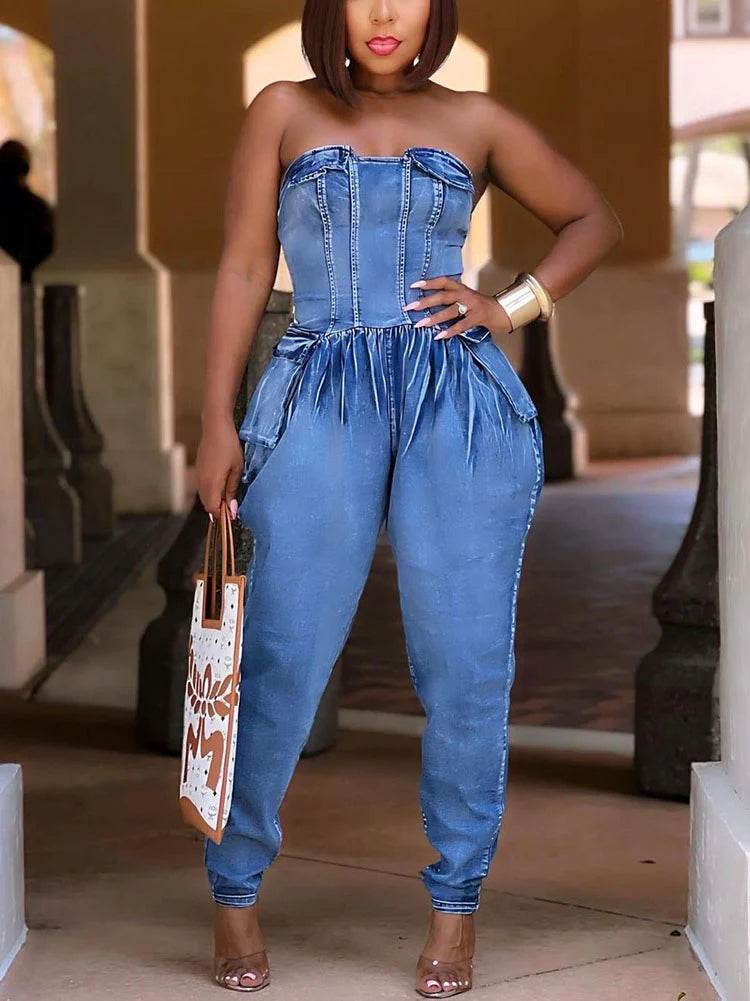 Strapless Ruched Denim Jumpsuit