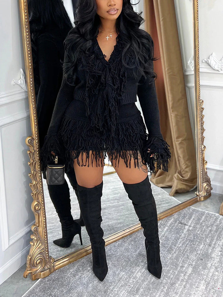 Fringe Knit Sweater & Skirt Set