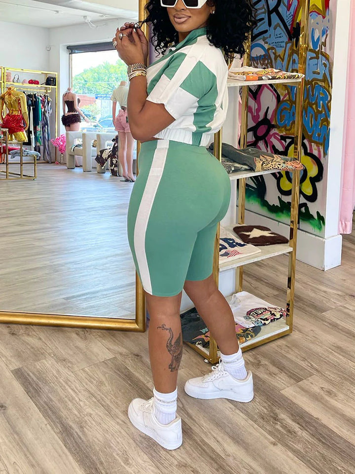 Sporty Contrast Jacket & Biker Shorts Set