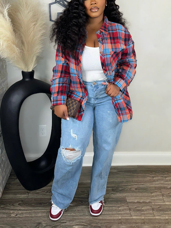Casual Plaid Button Shirt Red / S