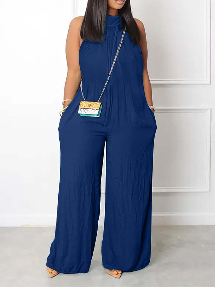 Halter Sleeveless Wide Leg Jumpsuit Blue / 3XL