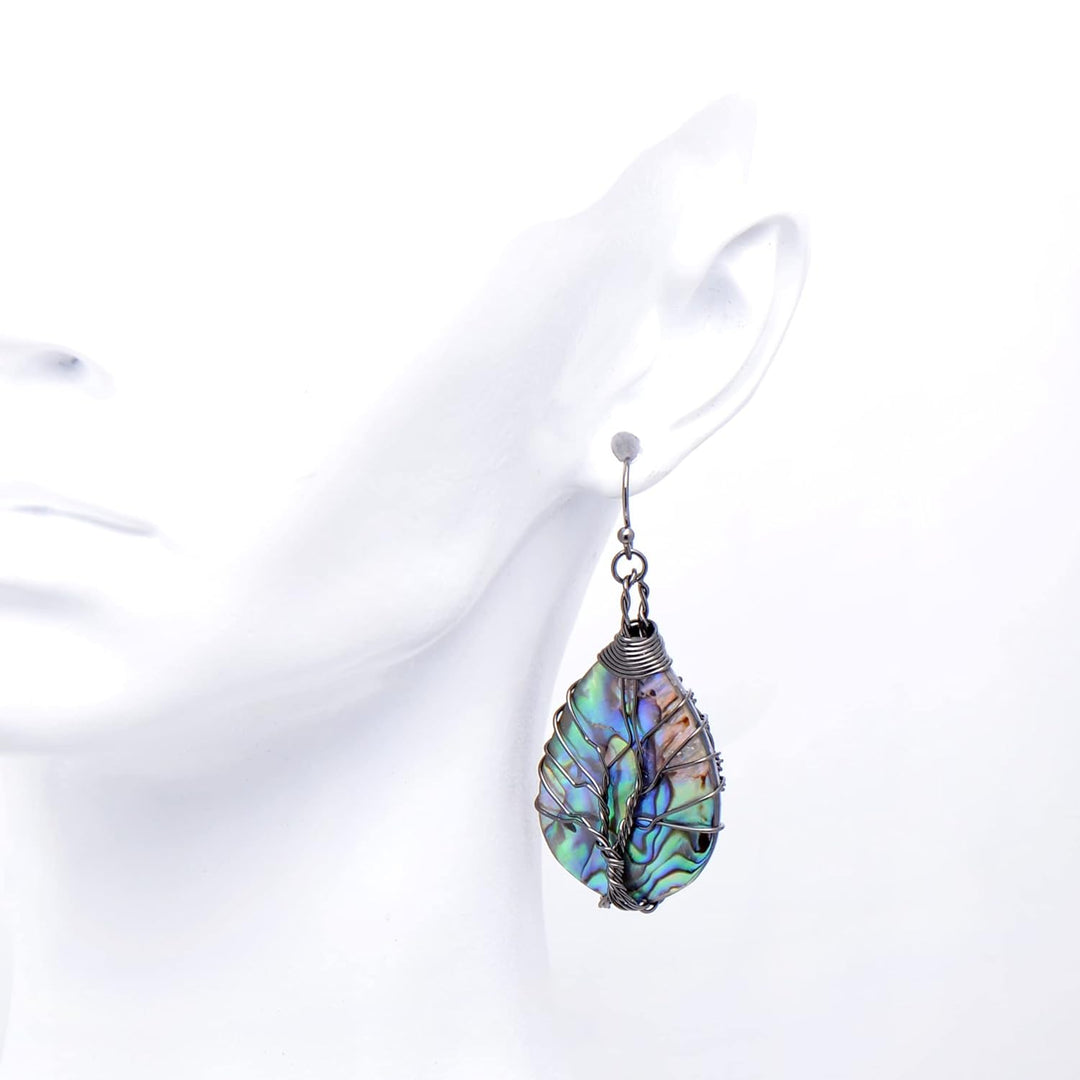 Aethers & Co A5 Handmade Teardrop Abalone Shell Dangle Earrings for Women, Wire Craft Tree of Life Earrings