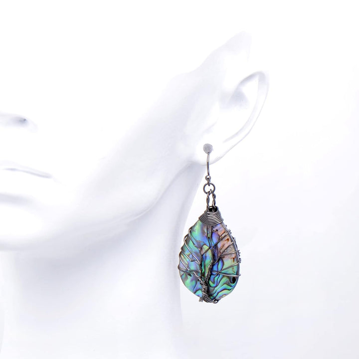Aethers & Co A5 Handmade Teardrop Abalone Shell Dangle Earrings for Women, Wire Craft Tree of Life Earrings