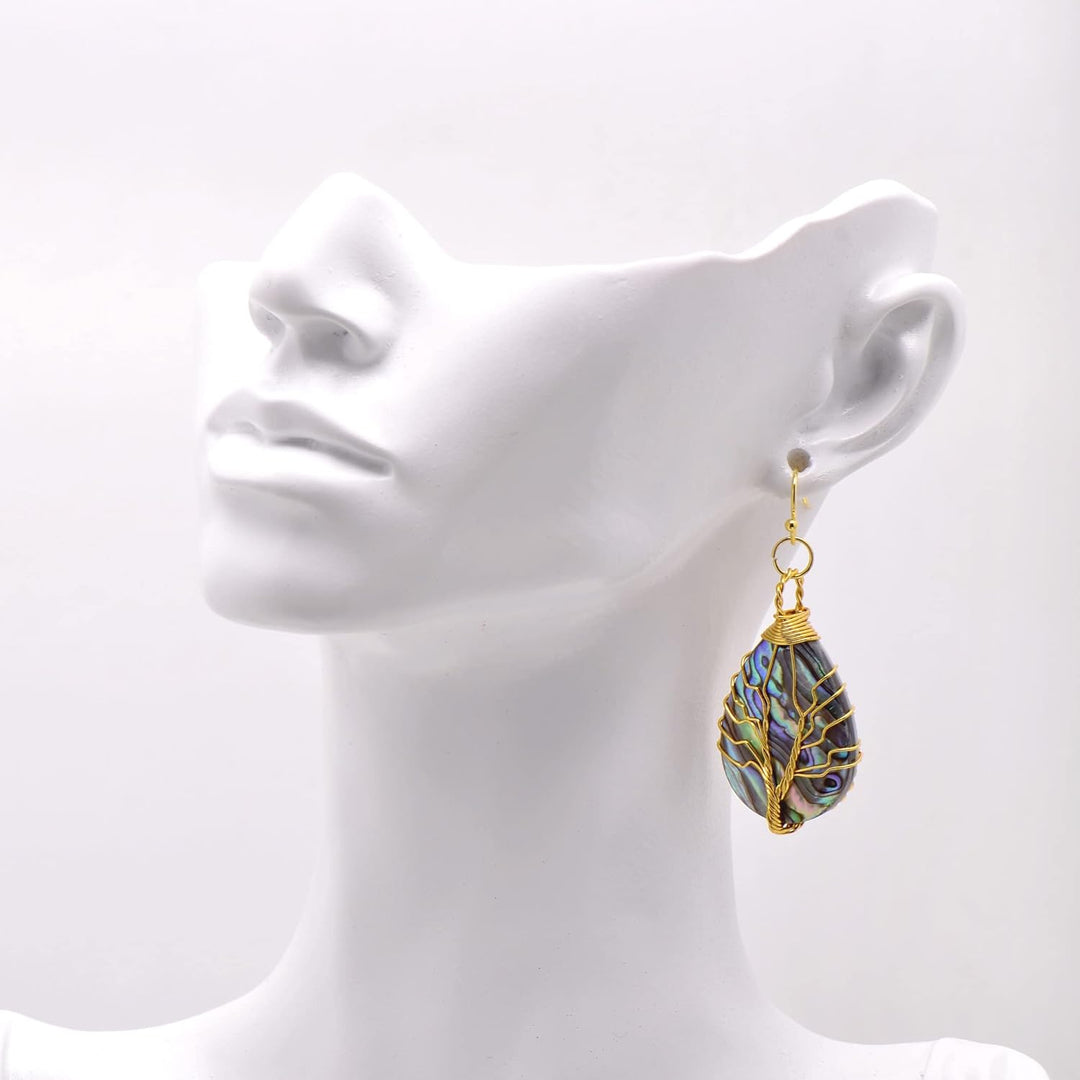 Aethers & Co A5 Handmade Teardrop Abalone Shell Dangle Earrings for Women, Wire Craft Tree of Life Earrings