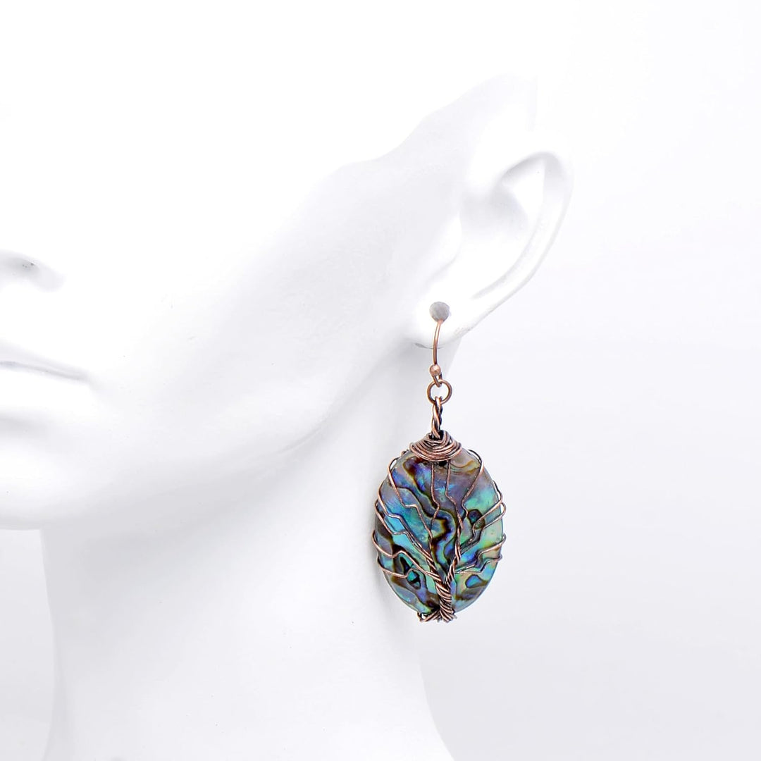 Aethers & Co A5 Handmade Teardrop Abalone Shell Dangle Earrings for Women, Wire Craft Tree of Life Earrings