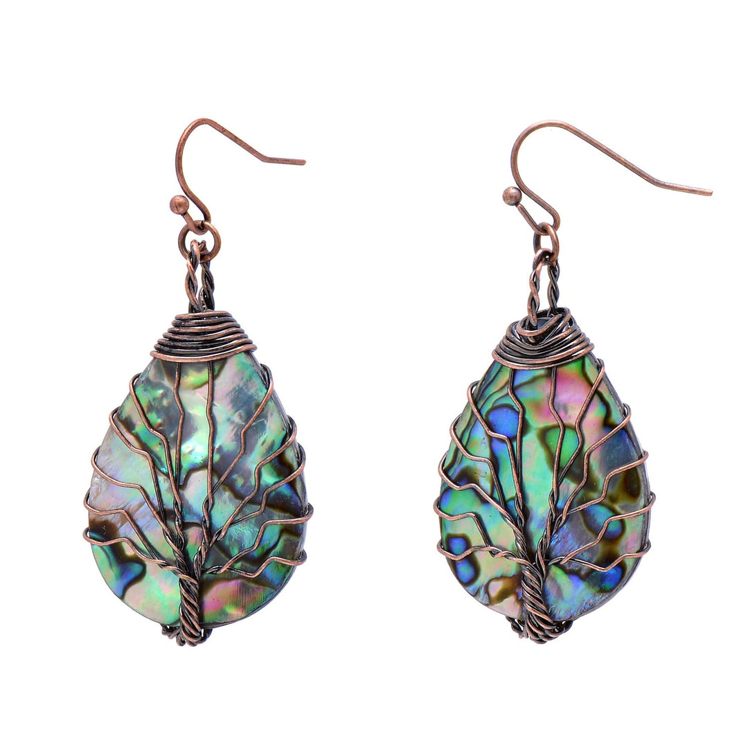 Aethers & Co A5 Handmade Teardrop Abalone Shell Dangle Earrings for Women, Wire Craft Tree of Life Earrings