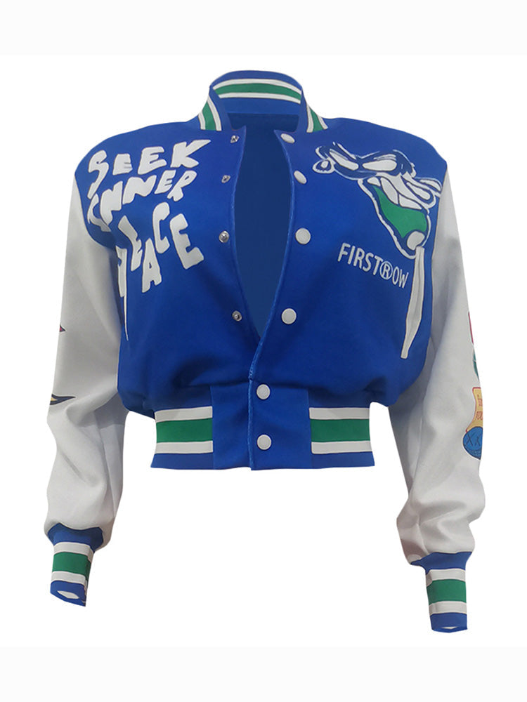 Letter Cropped Varsity Jacket Blue / M