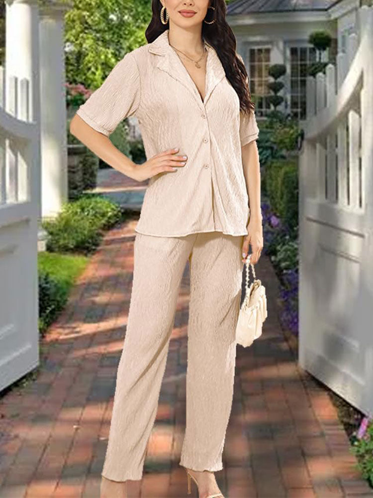 Short Sleeve Pleated Set Champagne / M