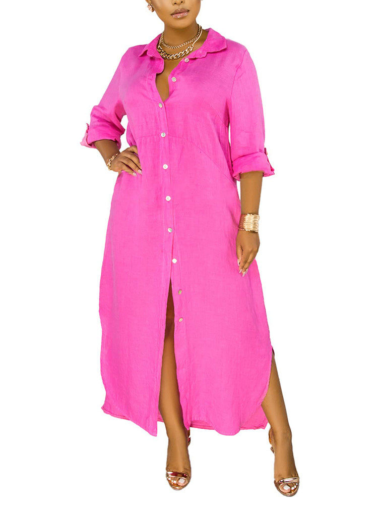 Button Down Loose Shirt Dress Fuchsia / M