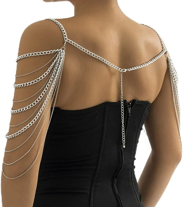 Aethers & Co A13  Bride Women Shiny Statement Tassel Body Chain Jewelry Shawl Silver Gold Dainty Body Jewelry Layered Shoulder Chain Wedding Party Nightclub Body Accessories Jewelry for Women Bride