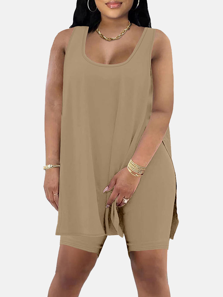 Split Top Shorts Lounge Set Khaki / M