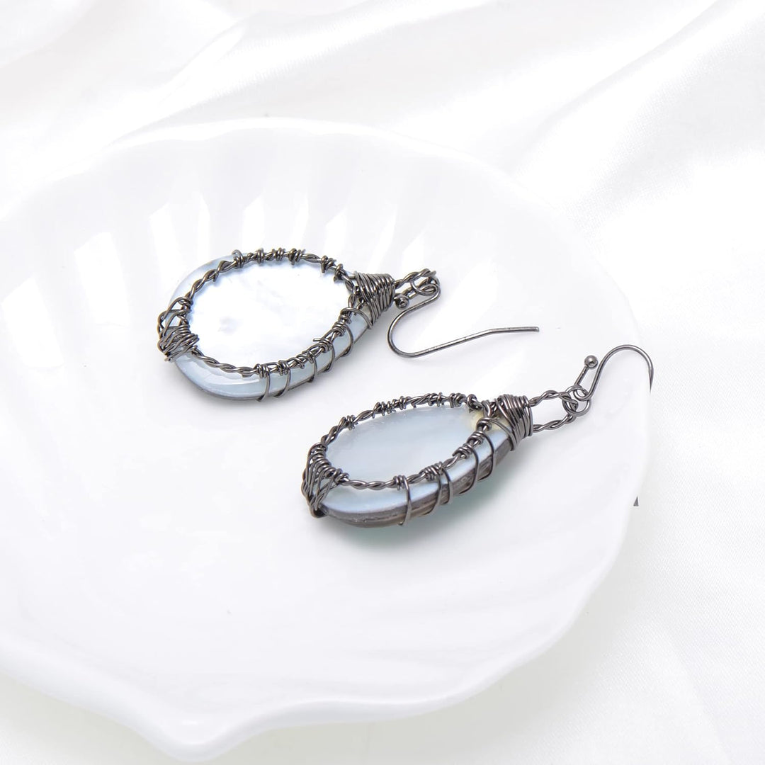 Aethers & Co A5 Handmade Teardrop Abalone Shell Dangle Earrings for Women, Wire Craft Tree of Life Earrings