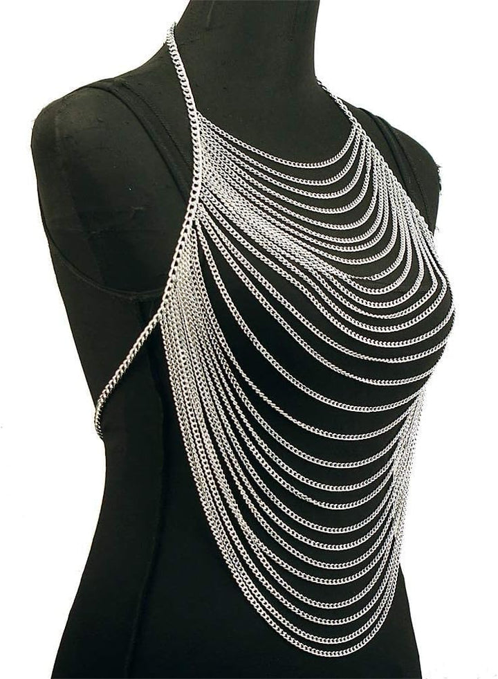 Aethers & Co A4 Full Body Chain Jewelry for Women Sexy Costume Multilay Silver Metal Chain Harness