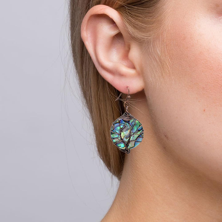 Aethers & Co A5 Handmade Teardrop Abalone Shell Dangle Earrings for Women, Wire Craft Tree of Life Earrings