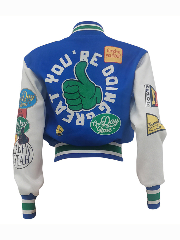 Letter Cropped Varsity Jacket Blue / L