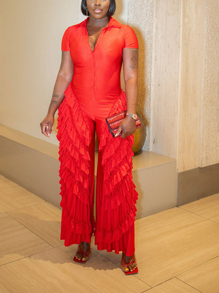 Ruffle Wide Leg Jumpsuit Red / S