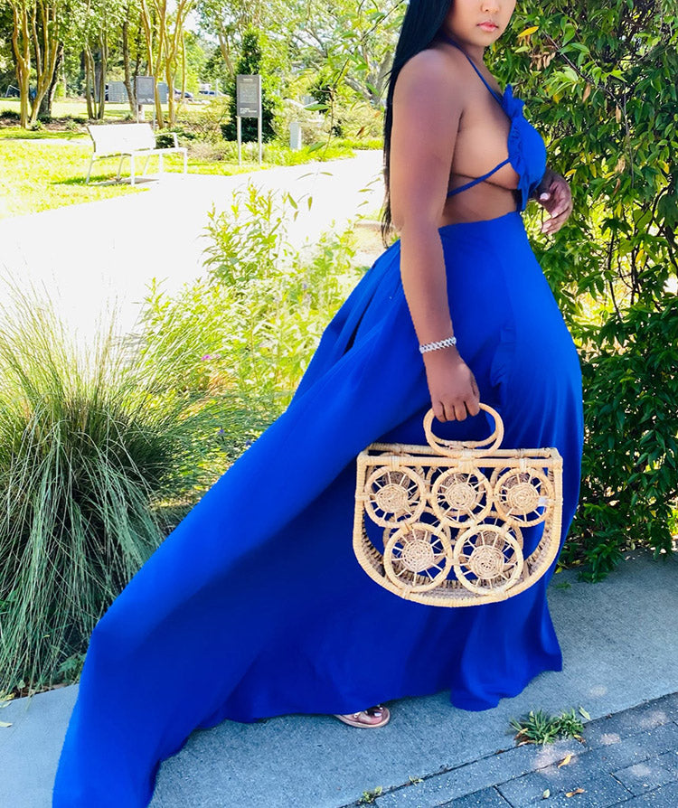 Ruffle Halter Backless Maxi Dress Blue / M